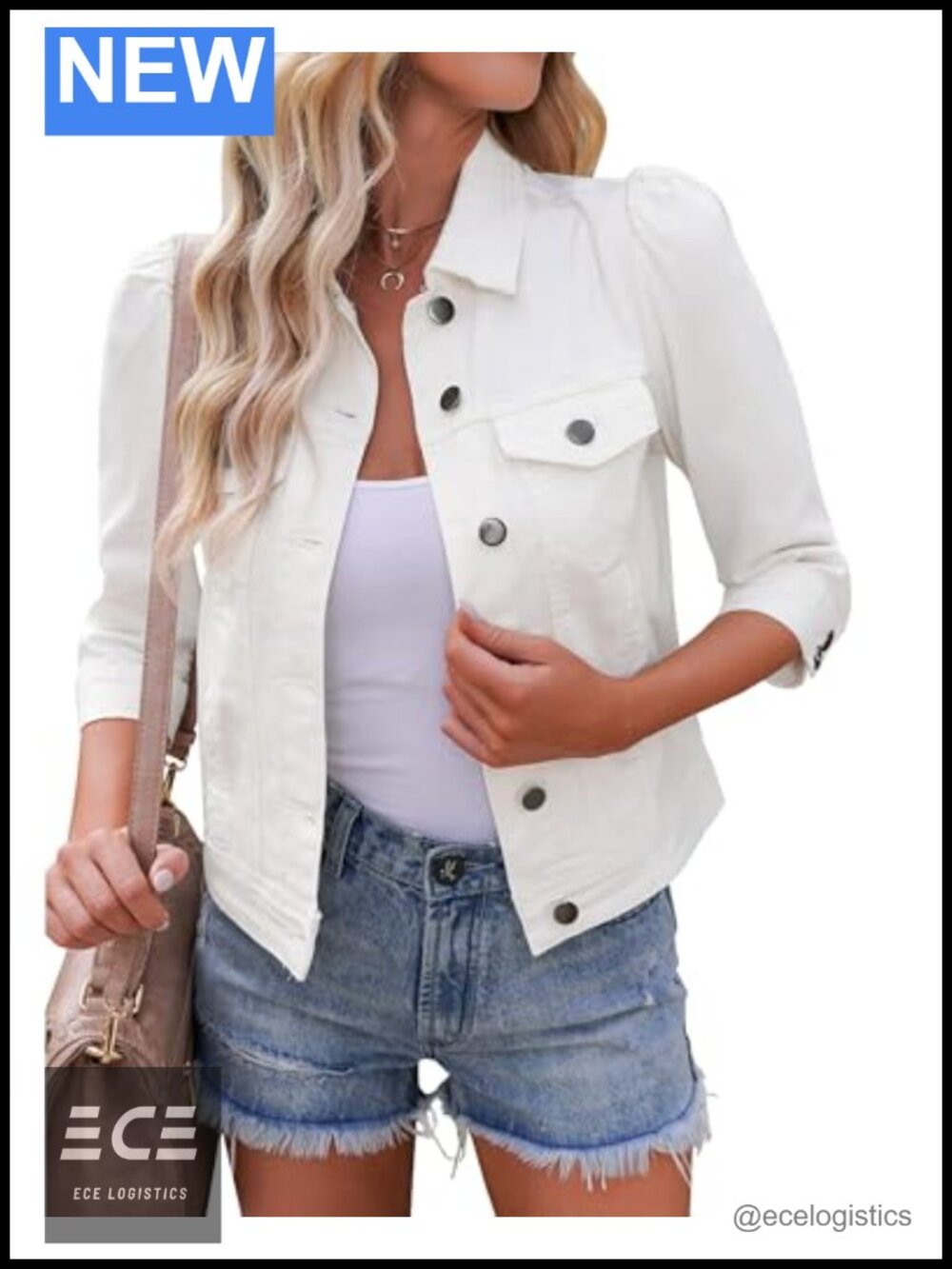 Cropped Stretchy Denim Jacket 3/4 Puff Sleeve Distressed Shacket with Pockets